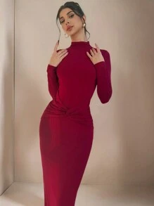 SHEIN Privé Đầm dài dự tiệc cổ cao thắt eo gợi cảm cổ điển thanh lịch màu đỏ rượu vang, thu/đông - Màu Đỏ Sâu - Xem 2