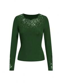 Gownix 女士花卉蕾丝饰边领口和袖口优雅休闲上衣 - 墨綠色 - 查看 3