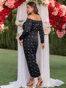 SHEIN Clasi Plus Size Women Heart Print Long Sleeve Off Shoulder Maxi Bodycon Dress, Elegant Party Spring Autumn, Suitable For New Year, Valentine's Day, Thanksgiving, Christmas, Easter, Gala, Christmas Eve, Fashion Show, Christmas Decoration, Christmas Pajamas - Black - View 2