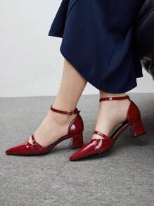 CUCCOO BIZCHIC 女士时尚亮面酒红色漆皮系带尖头中跟高跟鞋，适合工作、约会、聚会、节日、婚礼 - 酒紅色 - 查看 5