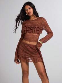 SHEIN BAE Traje elegante de dos piezas, encaje de pastel, color marrón, ropa de verano, para uso diario, citas, viajes, discoteca, fiesta, trajes de encaje elegantes, atuendos de club para mujer, disfraces de Halloween, atuendos de playa para mujer, vestido de Día de San Valentín, conjunto de verano de dos piezas