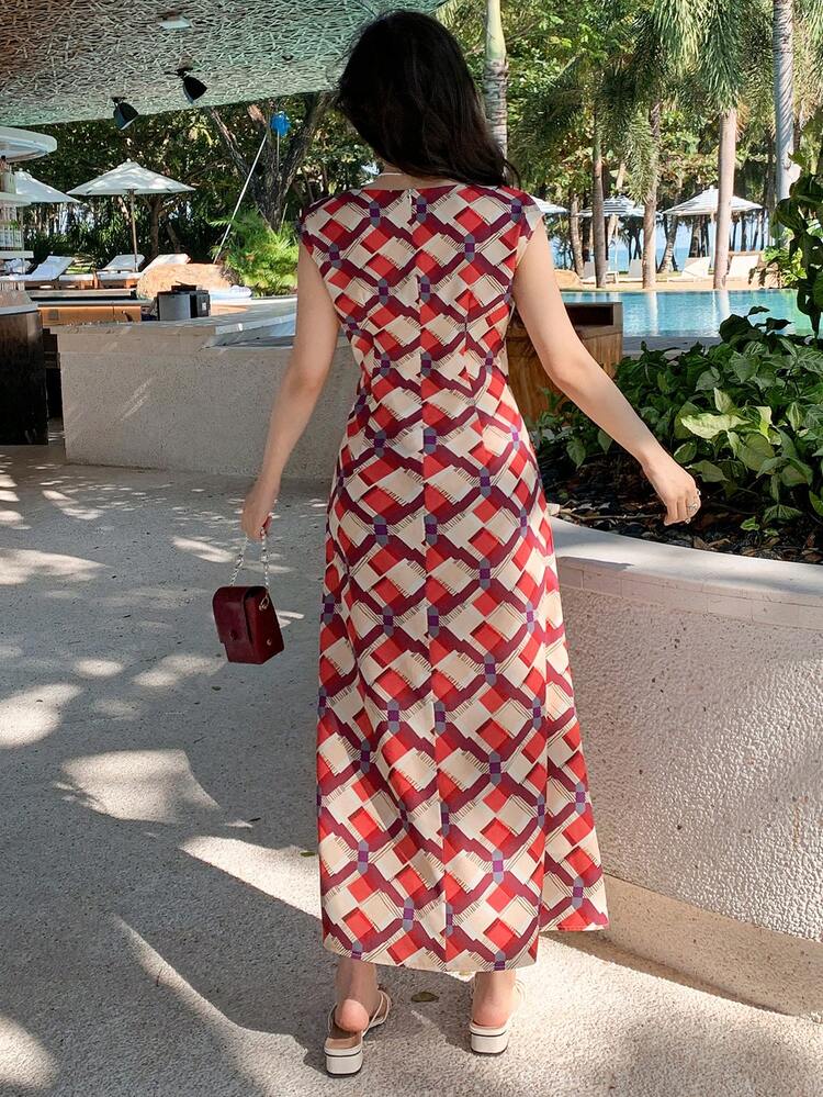 Women's Geometric Print Split Dress For Vacation And Casual Wear Boho
