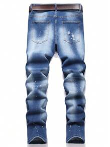 Manfinity Homme Men's Front Button Pocket Distressed Minimalist Casual Jeans - Blue - View 2