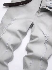 Manfinity Homme 男式休闲破洞锥形牛仔裤 - 淺灰色 - 查看 6