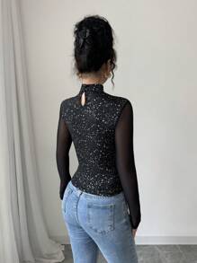 Elenzga Áo thun dài tay họa tiết sequin dành cho nữ, thời trang đơn giản, thường ngày - màu đen - Xem 2