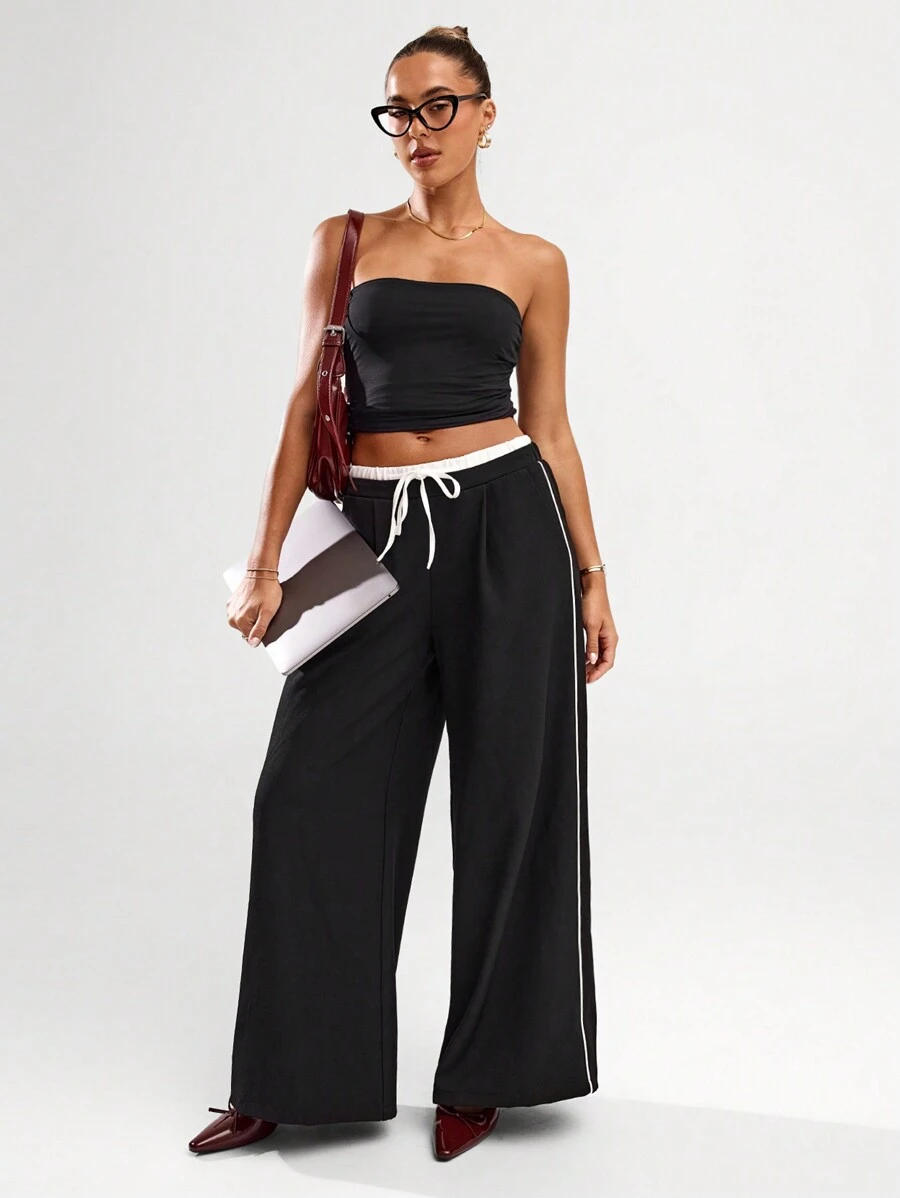 SHEIN BAE Women's Loose Wide Leg With Contrast Waist Side Pockets Simple Low Waist Pants, Suitable For Commuting, Casual, Fashion, Retro Style, Office Wear - Black - View 1