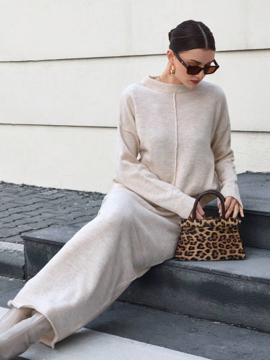 EURMUSE Sweater And Midi Skirt With Front Seam Detail - Apricot - View 1