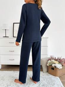 RueChic 100% Cotton 2Pcs   Slogan Printed With Contrast Stitching Detail Lounge Set - Navy Blue - View 2