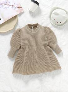 1 件杏色婴儿/女婴时尚喇叭袖圆领休闲简约百搭针织连衣裙
