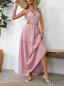 Breezaya Cut Out Waist Ruffle Hem Cami Dress Maxi Vacation Beach Outfits Women - Pink - View 4