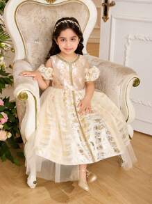 Glamorique Kids Vestido de fiesta azul de jacquard sin mangas elegante para niña, de tela con textura de alta calidad, vestido de princesa con tul sofisticado, adecuado para fiestas de lujo, actuaciones y ocasiones especiales - Albaricoque - Ver 6