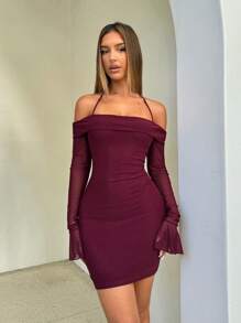 Aloruh Women's Elegant Sexy Off Shoulder Trumpet Sleeve Tie Bodycon Mini Dress Women's Elegant Valentines Day Dress Women's Elegant Long Sleeve Dress