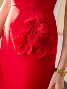 ZEYLAH WOMEN'S FLORAL PATCHED ONE SHOULDER MIDI DRESS FOR VALENTINE'S DAY OUTFIT, EVENING DRESS, ELEGANT STYLE,SPRING/SUMMER - Red - View 2