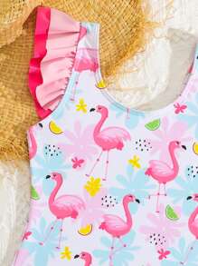 SHEIN Young Girl Flamingo Print Ruffle Trim One-Piece Swimsuit - Multicolor - View 4