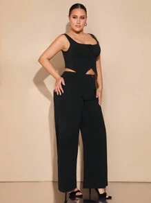 SHEIN BAE Traje de dos piezas de talla grande para mujer con chaleco negro con botones, con abertura lateral y pantalón de pierna ancha. Adecuado para citas, ocasiones formales, atuendos de viaje, Carnaval de Brasil, atuendos de Pascua, atuendos de festival rave, tops cortos, atuendos de San Valentín, conjuntos de San Valentín, conjuntos de mujeres para brunch, sexy, citas, fiestas, atuendos negros, conjuntos de verano para mujer, conjuntos de dos piezas de primavera/verano, atuendos de despedida de soltera, atuendos de oficina para mujer, atuendos de primavera para mujer