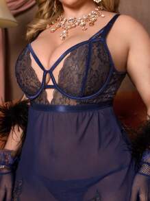PinupPomp Vintage Palace Style Golden Lace Lingerie Set With G-String, Sexy Plus Size Intimate Apparel - Navy Blue - View 5