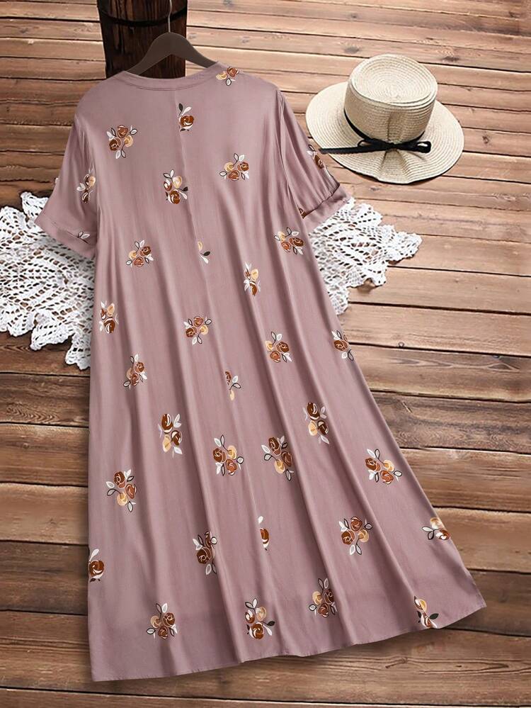 Plus Size Vacation Casual Floral Print Button-Front Mini Dress, Suitable For Summer,Flower/Spring