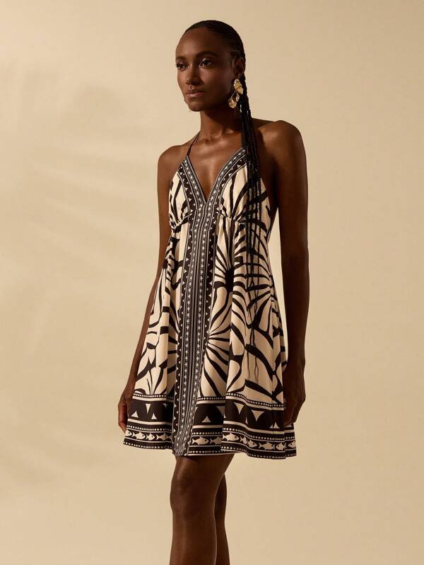 CAJUNI Rochie boho tropicală negru și bej pentru femei, rochie mini cu decolteu în V, fără mâneci, fără spate, rochie de vară ocazională pentru vacanță la plajă