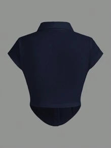 SHEIN EZwear 海军蓝色纯色针织前扣短袖衬衫 - 藏蓝色 - 查看 2