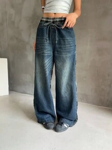 SHEIN EZwear Pantalones vaqueros rectos y sueltos con diseño de lazo de cintura a cuadros, apropiados para uso diario - Azul - Ver 4