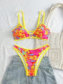 Swim Mod 2pcs/Set Women's Summer Beach Outfit - Spaghetti Strap Floral Print Bikini Set - Multicolor - View 4