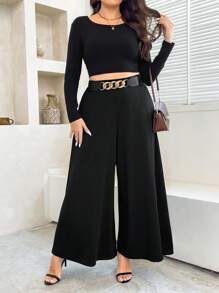 Flirla 大码纯色金属点缀休闲宽松裤，适合日常穿着