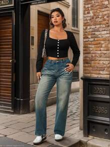 SHEIN EZwear Plus Size Women Autumn Casual Sweetheart Collar Button Detail Long Sleeve T-Shirt - Black - View 6