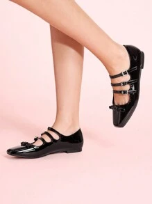 CUCCOO DOLLMOD Sepatu Flat Wanita Modis Serbaguna Warna Polos dengan Hiasan Pita dan Ujung Persegi untuk Musim Semi, Liburan Musim Semi, dan Paskah. - Hitam - View 4
