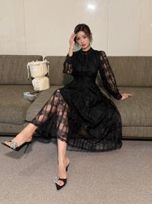 DAZY Women Elegant Mid-Length Lace Waist Cinched Dress, Autumn Prom Dress