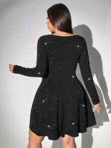 Viva Relle Plus Size Faux Pearl Decor Long Sleeve Casual Short Shift Dress
