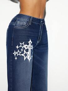 SHEIN ICON Women's Cross Printed Pocket Loose Fit Casual Jeans