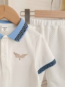 SHEIN Leap Crew 2pcs Young Boys Casual Set: Classic Embroidered Pattern Polo Shirt With Collar & Sports Shorts - Baby Blue - View 5