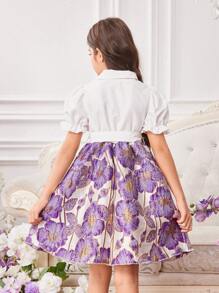 SHEIN Tween Girl 翻领泡泡袖拼布花卉图案优雅 A 字裙，紫色 - 彩色 - 查看 2