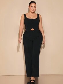 SHEIN BAE Traje de dos piezas de talla grande para mujer con chaleco negro con botones, con abertura lateral y pantalón de pierna ancha. Adecuado para citas, ocasiones formales, atuendos de viaje, Carnaval de Brasil, atuendos de Pascua, atuendos de festival rave, tops cortos, atuendos de San Valentín, conjuntos de San Valentín, conjuntos de mujeres para brunch, sexy, citas, fiestas, atuendos negros, conjuntos de verano para mujer, conjuntos de dos piezas de primavera/verano, atuendos de despedida de soltera, atuendos de oficina para mujer, atuendos de primavera para mujer