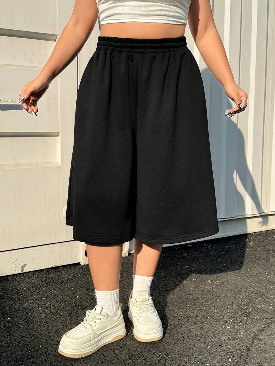 Muchica 大码休闲超宽 3/4 长运动短裤，春夏 - 黑色 - 查看 1