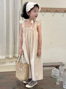 DAZY Young Girl Square Collar Frill Sweet Solid Wide-Leg Jumpsuit, Summer - Apricot - View 2
