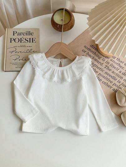 SHEIN Playful Pals Baby Girl (0-3 Years) Versatile Minimalist Elegant White Solid Knitted Long Sleeve Round Neck Ruffle Trim Pullover T-Shirt, Suitable For Layering Or Outerwear, All Season