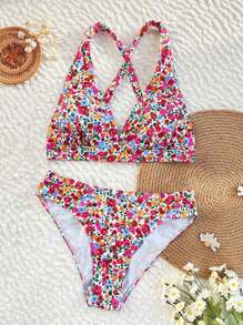 Swim Vcay 夏季两件套碎花吊带交叉后背系带比基尼套装