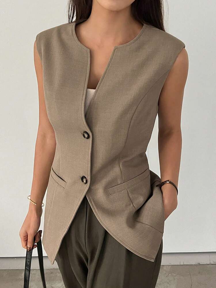 Women's Solid Color Front Button Sleeveless Blazer Business Attire