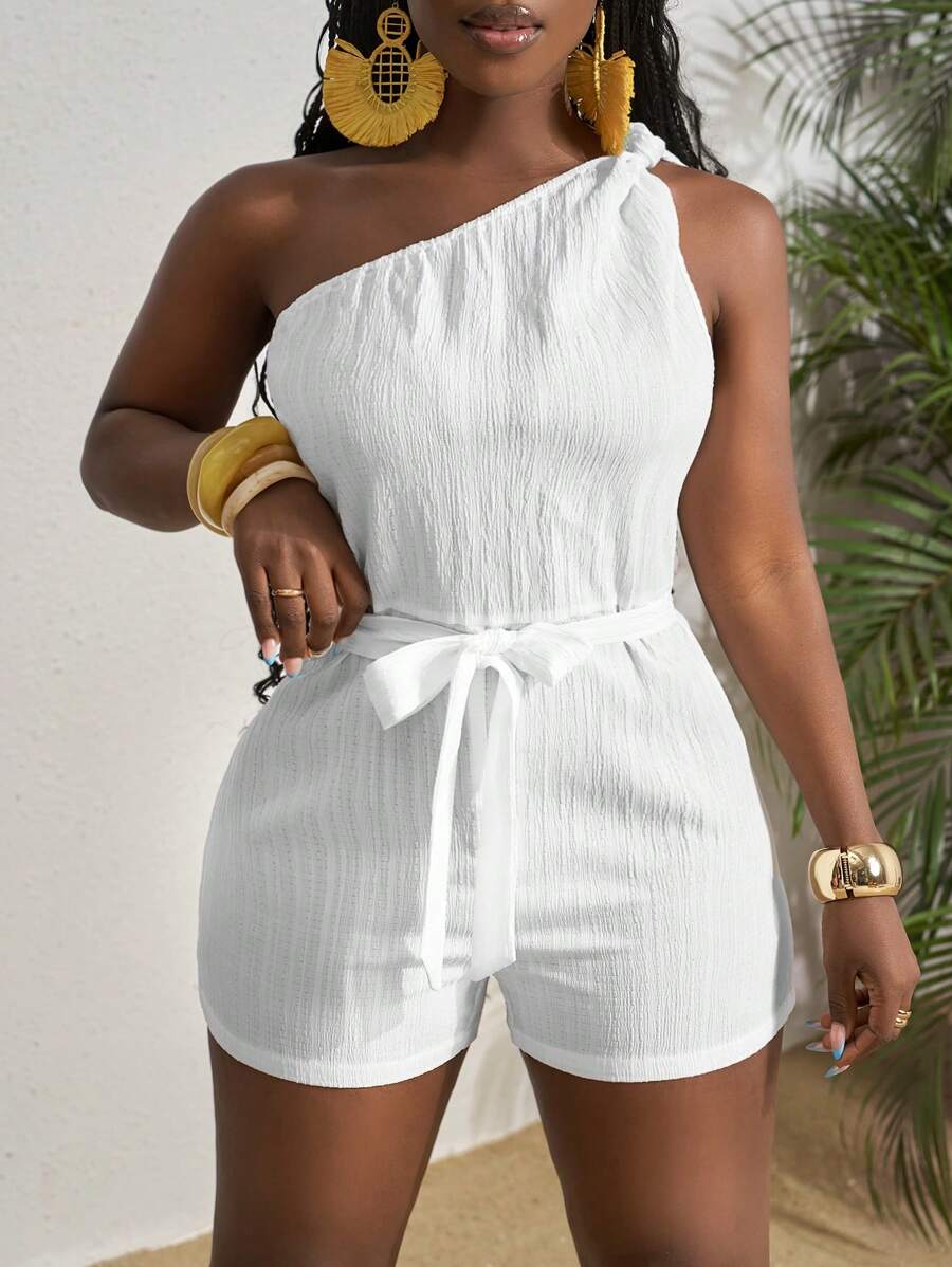 Slaydiva Spring/Summer New Music Festival Western Boho Easter Nashville Birthday Graduation Student Daily Casual All-Match Versatile Leisure Cruise Travel Beach Sunbathing One Shoulder Twist Cinched Waist Textured Fabric Cinched Waist Slimming White Women Jumpsuit
