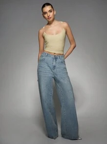 MISSGUIDED Sleeveless Cami Top Fitted Spaghetti Strap Basic Tank Essential Cropped Summer Camisole Smooth Stretch Layering Piece Vintage Y2K Style - Khaki - View 3