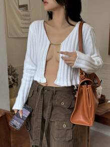 INAWLY Women's Casual Plain Color Mink Fur Sexy Crop Cardigan Fall Cloth For Women - White - View 4