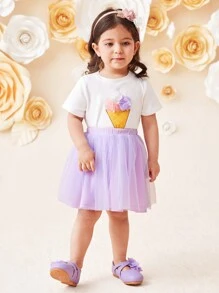 SHEIN Baby Girls' Casual Cute White Knitted Solid Ice Cream Print Floral Decor Short Sleeve T-Shirt & Mesh Skirt 2pcs Set - Purple - View 3