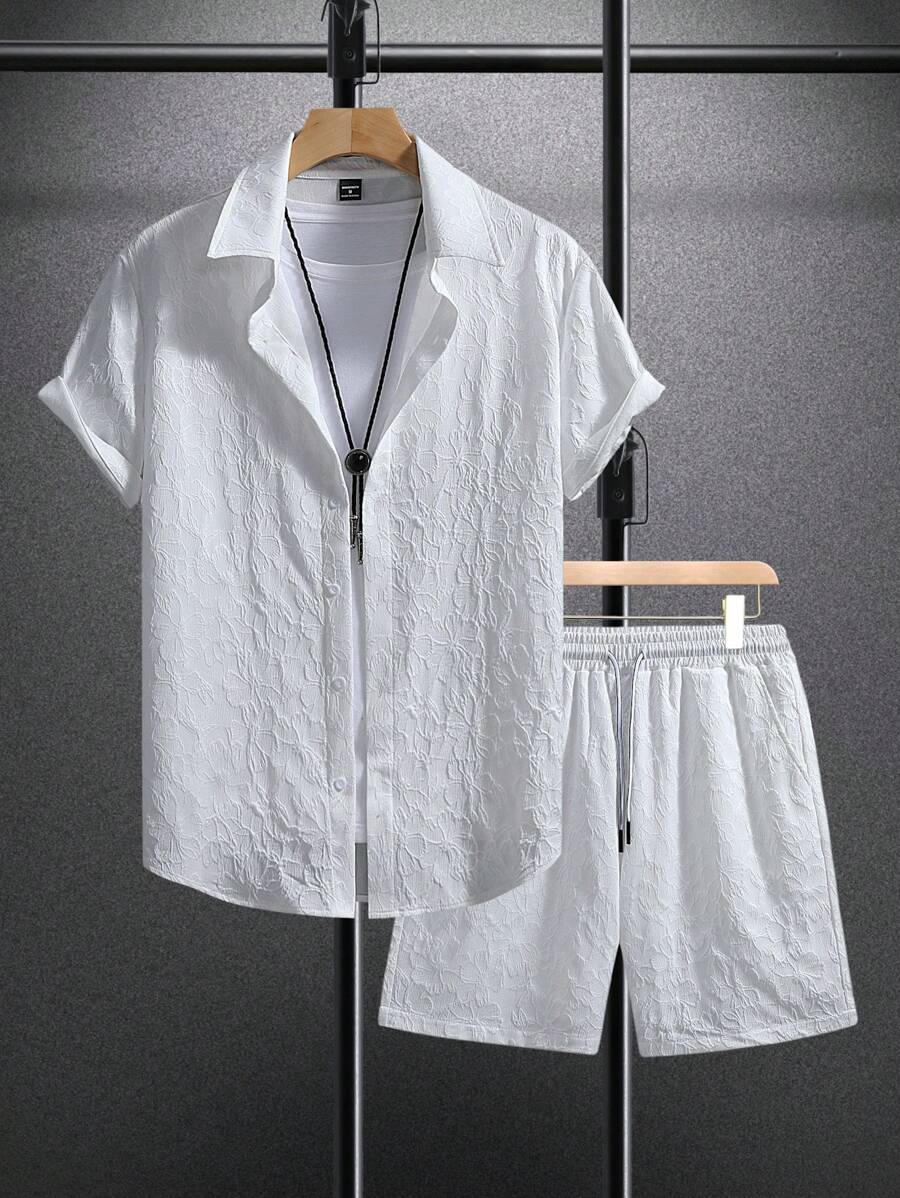 Manfinity Homme Men's Solid Color Textured Short Sleeve Shirt And Shorts Set, Casual Men Summer Clothes Men Shirt Co Ords - White - View 1