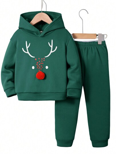 2 peças/conjunto de moletom com forro térmico de veado fofo de Natal para menino, terno de inverno quente para uso ao ar livre