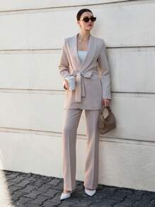 EURMUSE Grey Long Jacket And Straight Pant Two Pieces - Beige - View 3