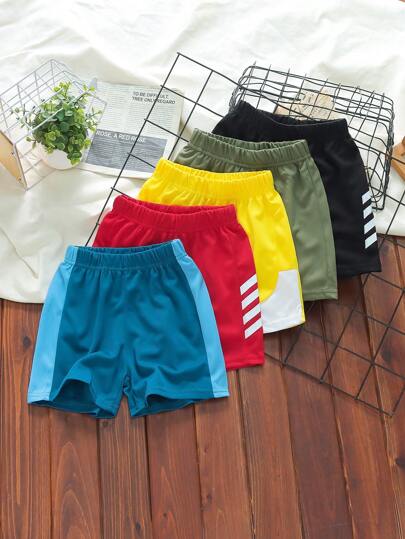 SHEIN Joven niño Juego de 4 pantalones cortos deportivos informales, diseño de remiendo de malla, apropiado para ocio, escuela, viajes, entrenamiento, primavera/verano, gris + azul marino + azul claro + negro