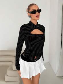 EgrlEra 镂空系带黑白条纹时尚女式衬衫 - 黑與白 - 查看 5
