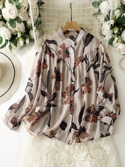 Lacomfia Elegant Print Collar Plus Size Shirt Fall Cloth For Women