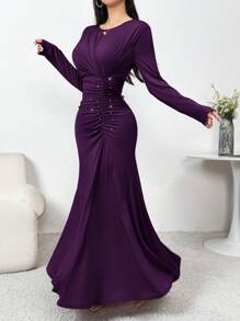 Modelyn 女士纯色圆领褶皱优雅长袖连衣裙长款晚礼服 - 中紫紅色 - 查看 2